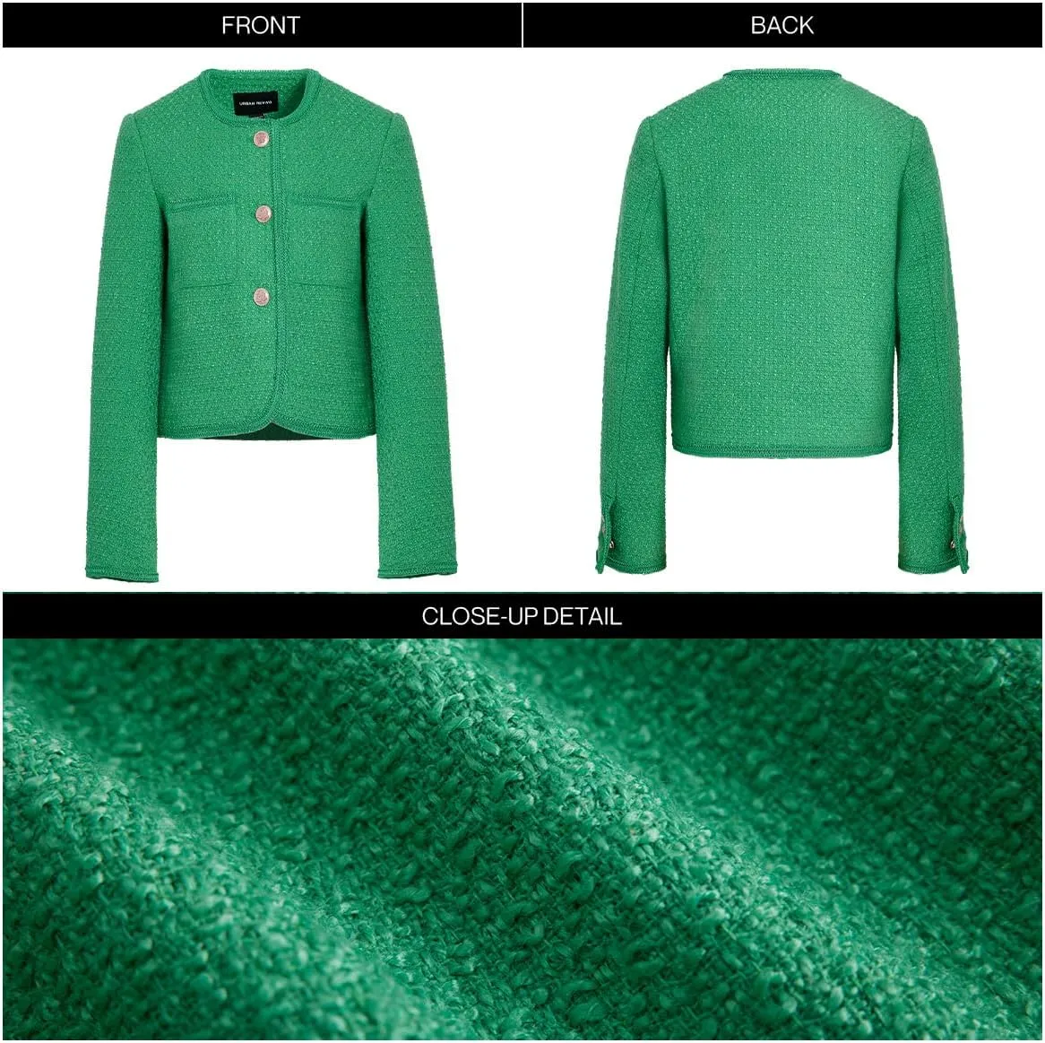 Women's Casual Business Cropped Tweed Blazers Jacket with Pocket Slim Fit Long Sleeve Short Suit for Work Office