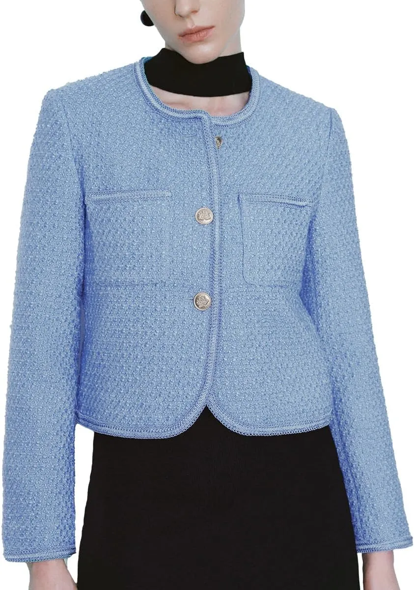 Women's Casual Business Cropped Tweed Blazers Jacket with Pocket Slim Fit Long Sleeve Short Suit for Work Office