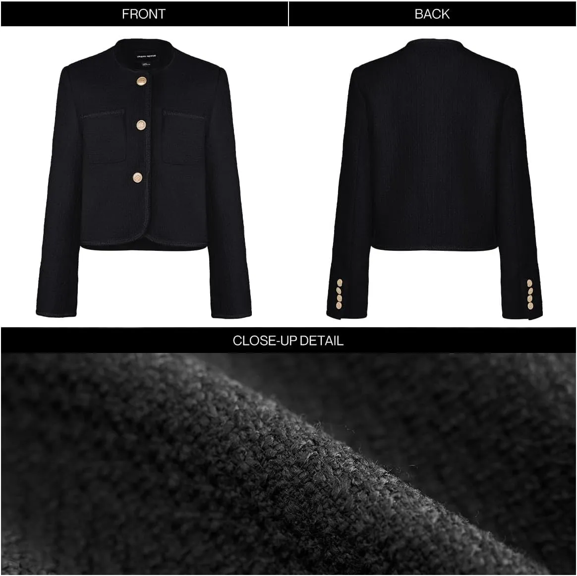Women's Casual Business Cropped Tweed Blazers Jacket with Pocket Slim Fit Long Sleeve Short Suit for Work Office