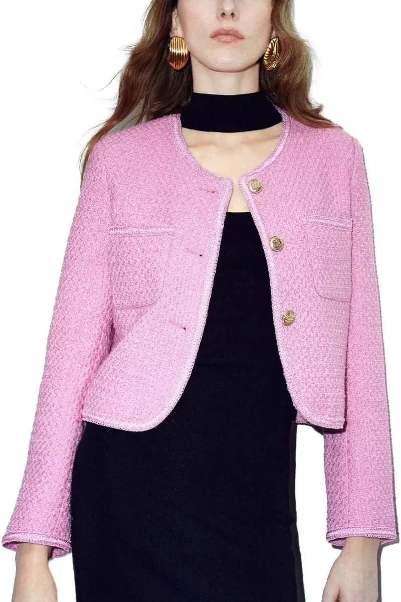 Women's Casual Business Cropped Tweed Blazers Jacket with Pocket Slim Fit Long Sleeve Short Suit for Work Office