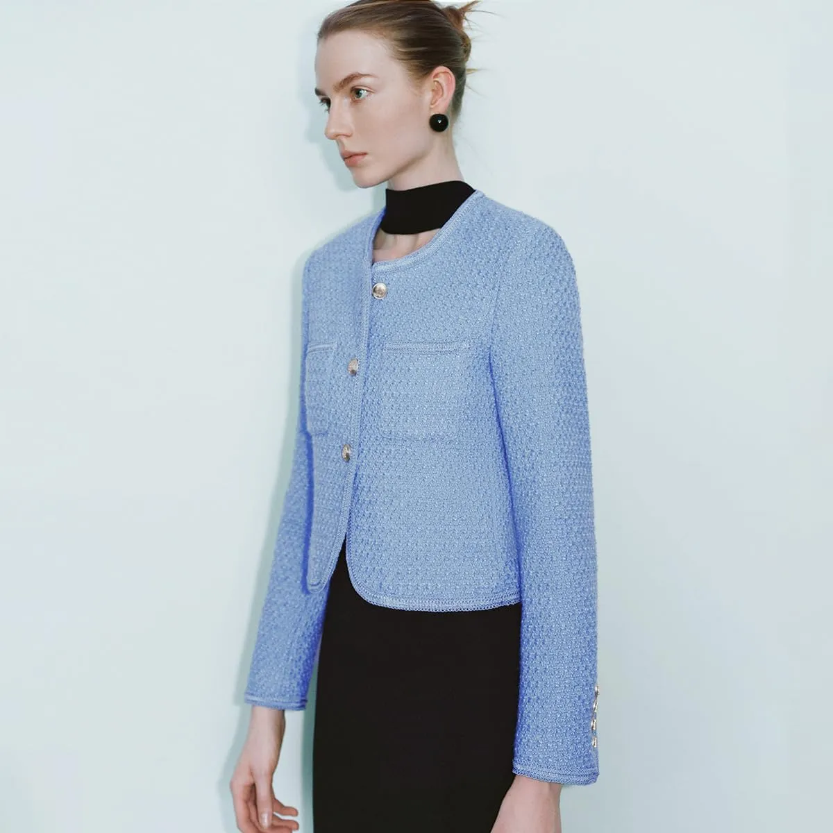 Women's Casual Business Cropped Tweed Blazers Jacket with Pocket Slim Fit Long Sleeve Short Suit for Work Office