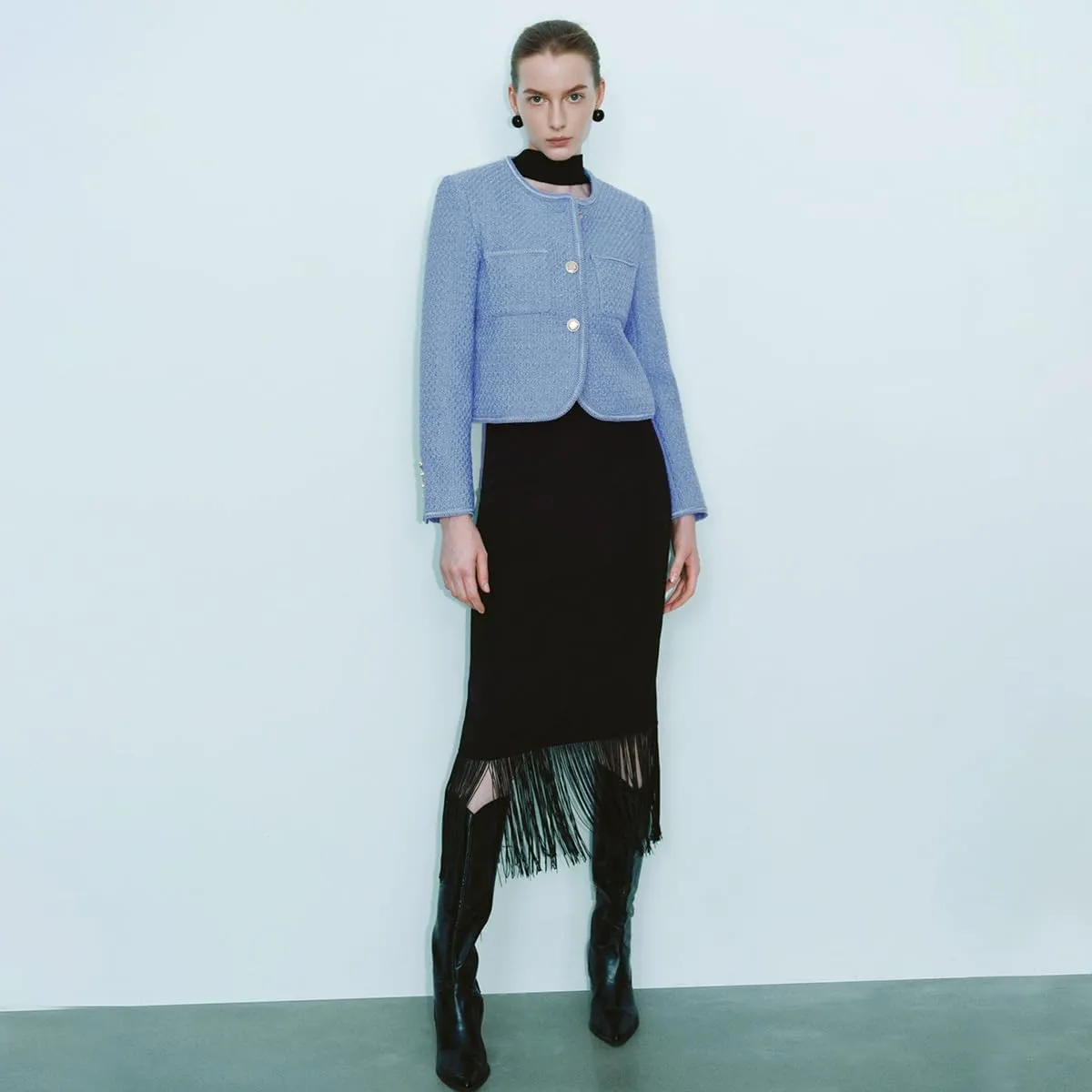 Women's Casual Business Cropped Tweed Blazers Jacket with Pocket Slim Fit Long Sleeve Short Suit for Work Office