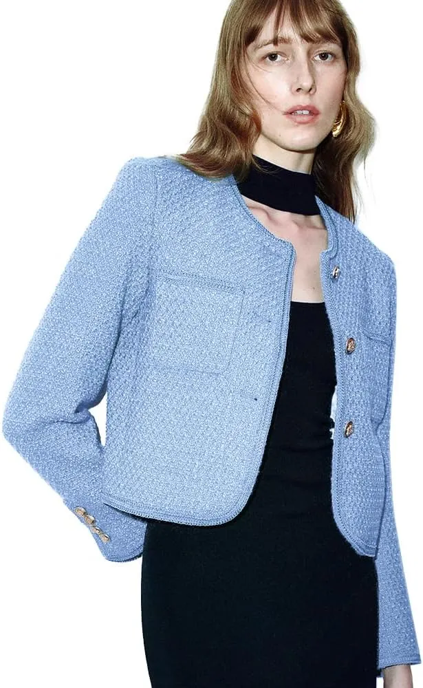 Women's Casual Business Cropped Tweed Blazers Jacket with Pocket Slim Fit Long Sleeve Short Suit for Work Office