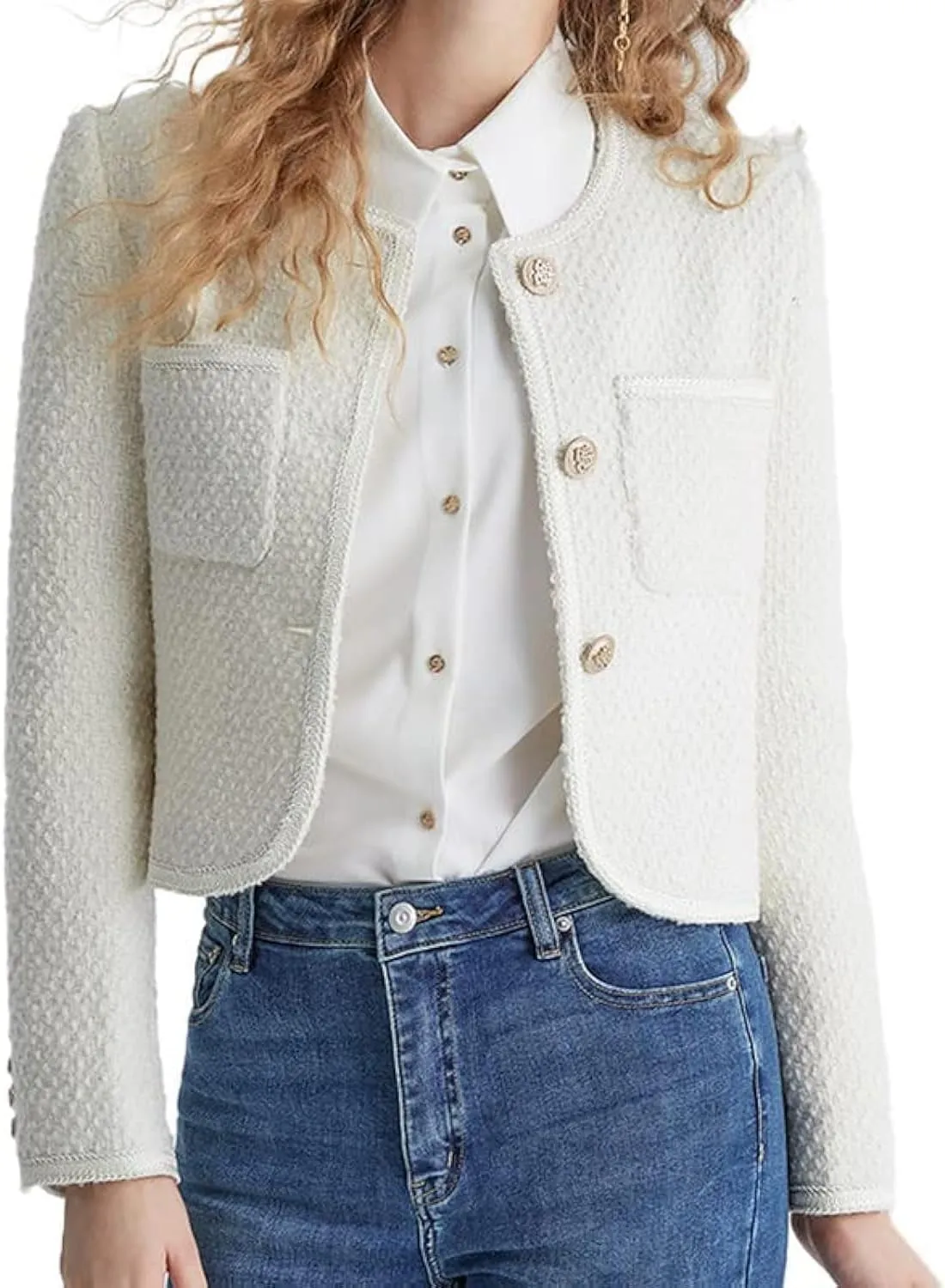 Women's Casual Business Cropped Tweed Blazers Jacket with Pocket Slim Fit Long Sleeve Short Suit for Work Office