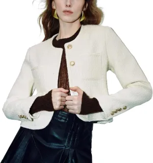 Women's Casual Business Cropped Tweed Blazers Jacket with Pocket Slim Fit Long Sleeve Short Suit for Work Office