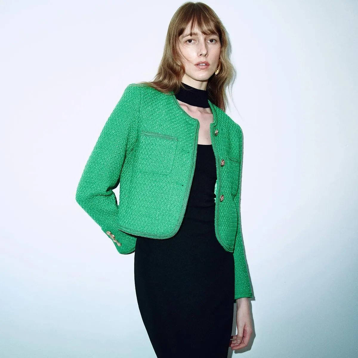 Women's Casual Business Cropped Tweed Blazers Jacket with Pocket Slim Fit Long Sleeve Short Suit for Work Office