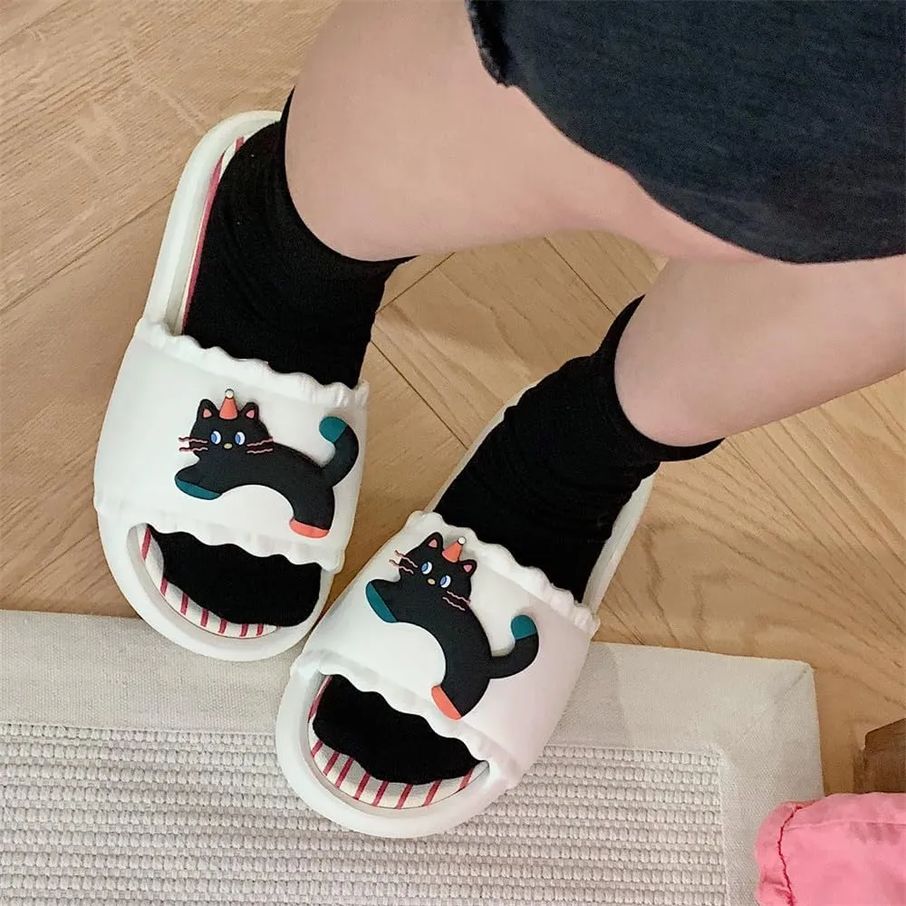 Womens Cat Kitten Sandals Slippers Striped Summer Cute Open-Toe Pillow Slides Cushioned Home Beach Indoor Outdoor Shower Shoes