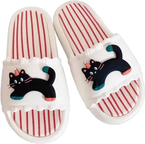 Womens Cat Kitten Sandals Slippers Striped Summer Cute Open-Toe Pillow Slides Cushioned Home Beach Indoor Outdoor Shower Shoes