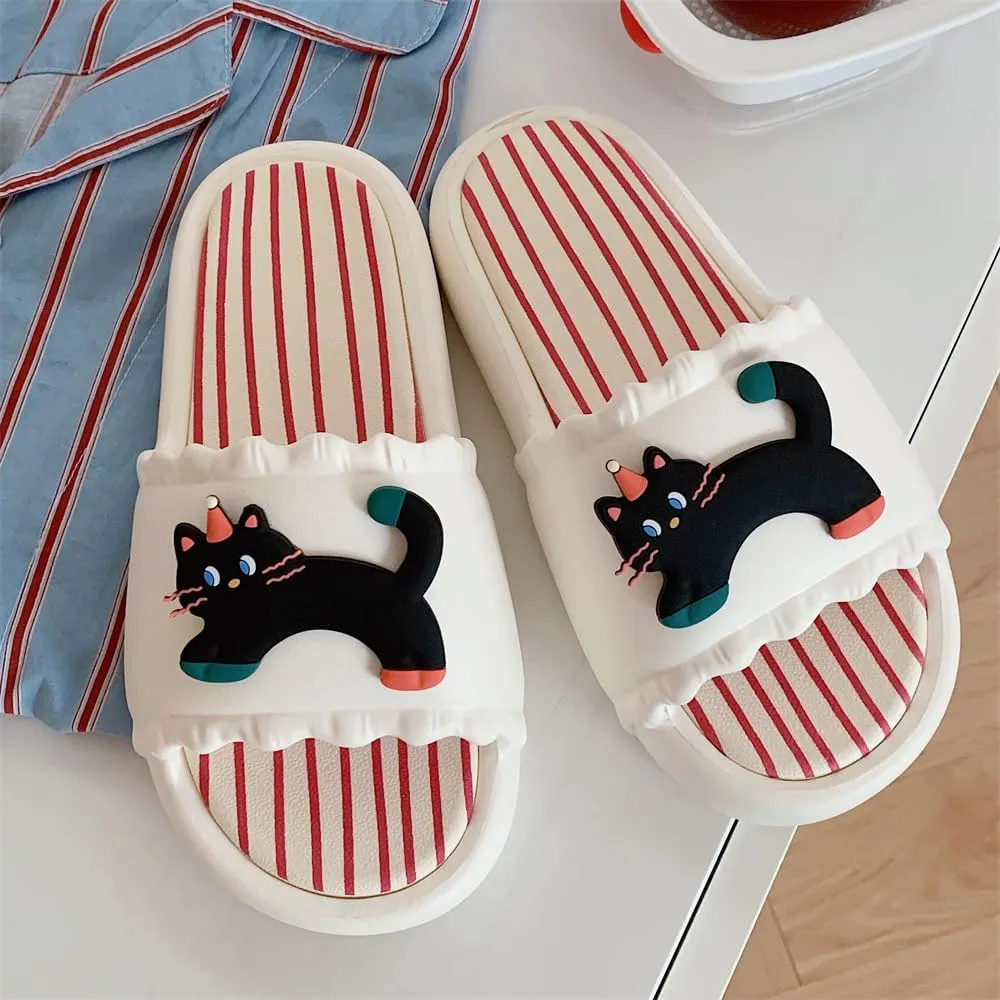 Womens Cat Kitten Sandals Slippers Striped Summer Cute Open-Toe Pillow Slides Cushioned Home Beach Indoor Outdoor Shower Shoes