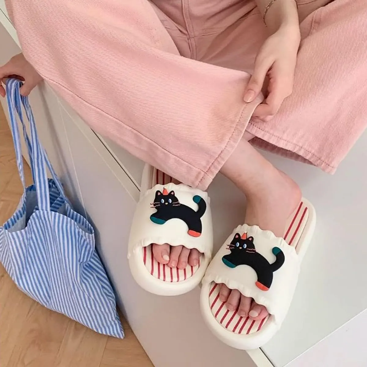 Womens Cat Kitten Sandals Slippers Striped Summer Cute Open-Toe Pillow Slides Cushioned Home Beach Indoor Outdoor Shower Shoes