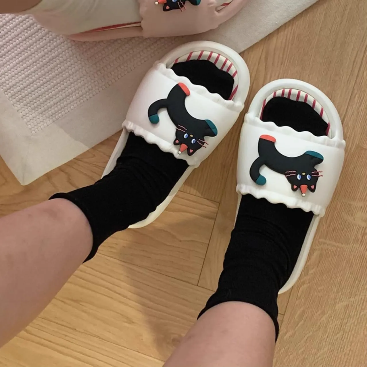 Womens Cat Kitten Sandals Slippers Striped Summer Cute Open-Toe Pillow Slides Cushioned Home Beach Indoor Outdoor Shower Shoes