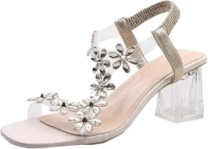 Women's Clear Heeled Sandals Platform Summer Comfortable T Strap Sandal Chunky Low Heels Mules Open Toe Slip on Dress Shoes Sexy Block Elastic On Flowers Slides Slippers for Evening Party Wedding