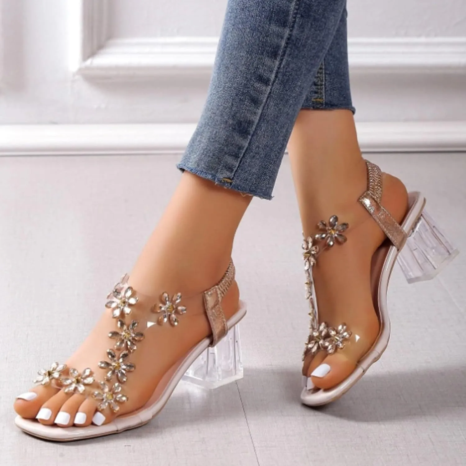 Women's Clear Heeled Sandals Platform Summer Comfortable T Strap Sandal Chunky Low Heels Mules Open Toe Slip on Dress Shoes Sexy Block Elastic On Flowers Slides Slippers for Evening Party Wedding