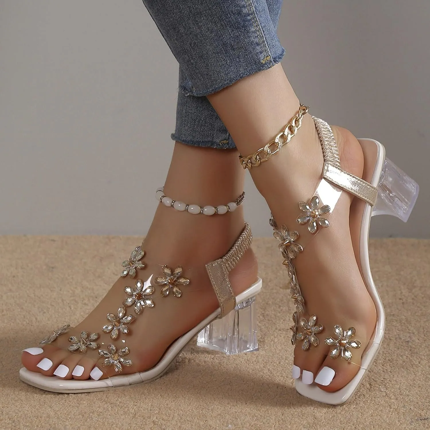 Women's Clear Heeled Sandals Platform Summer Comfortable T Strap Sandal Chunky Low Heels Mules Open Toe Slip on Dress Shoes Sexy Block Elastic On Flowers Slides Slippers for Evening Party Wedding