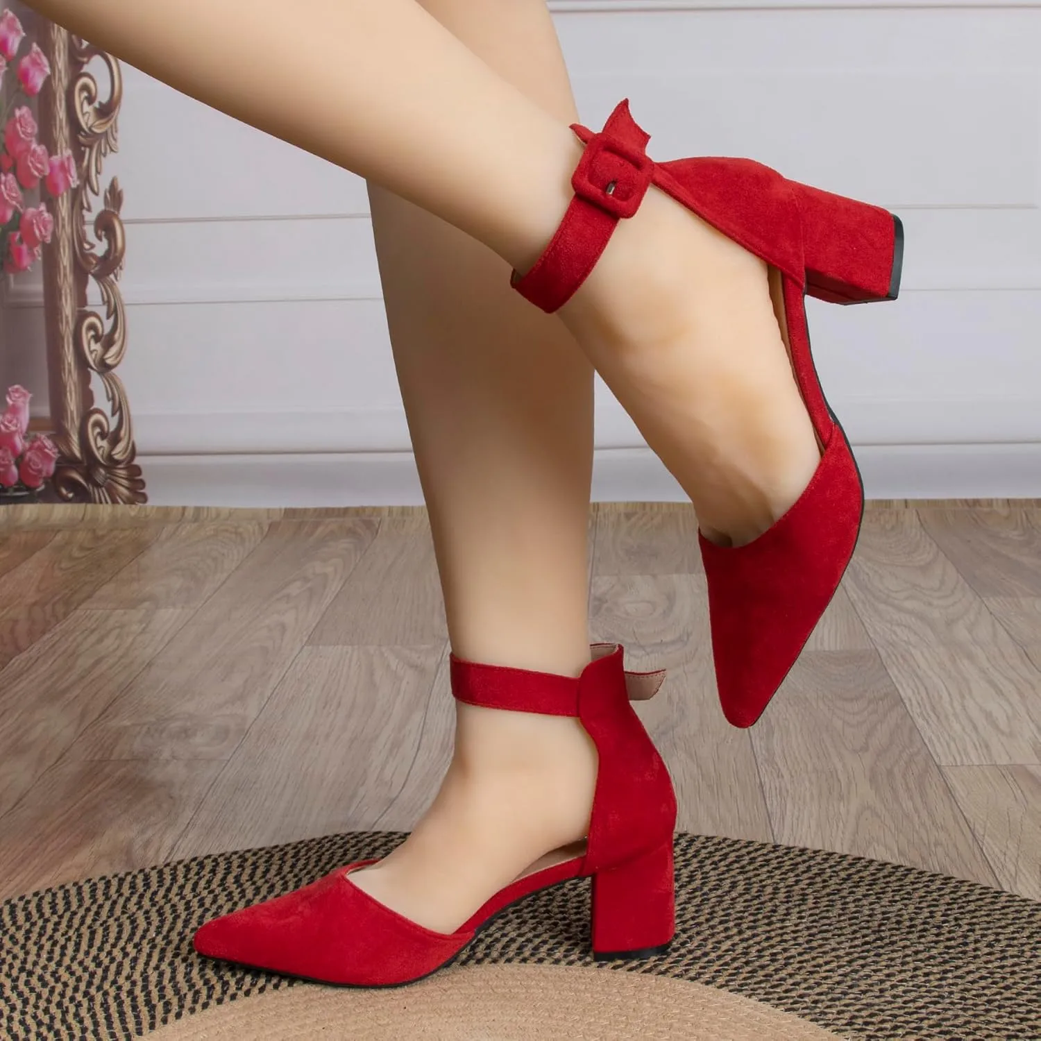 Womens Closed Pointed Toe Low Block Sandal Heels Ankle Strap Chunky Heeled Pumps for Women Party Wedding Dressy Comfortable Leather Suede Sandals Shoes 2.36 Inch