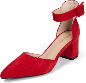 Womens Closed Pointed Toe Low Block Sandal Heels Ankle Strap Chunky Heeled Pumps for Women Party Wedding Dressy Comfortable Leather Suede Sandals Shoes 2.36 Inch