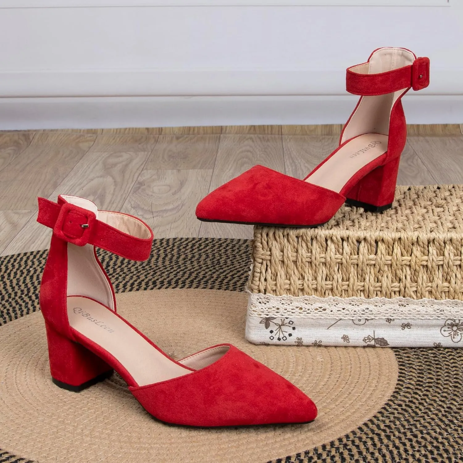 Womens Closed Pointed Toe Low Block Sandal Heels Ankle Strap Chunky Heeled Pumps for Women Party Wedding Dressy Comfortable Leather Suede Sandals Shoes 2.36 Inch
