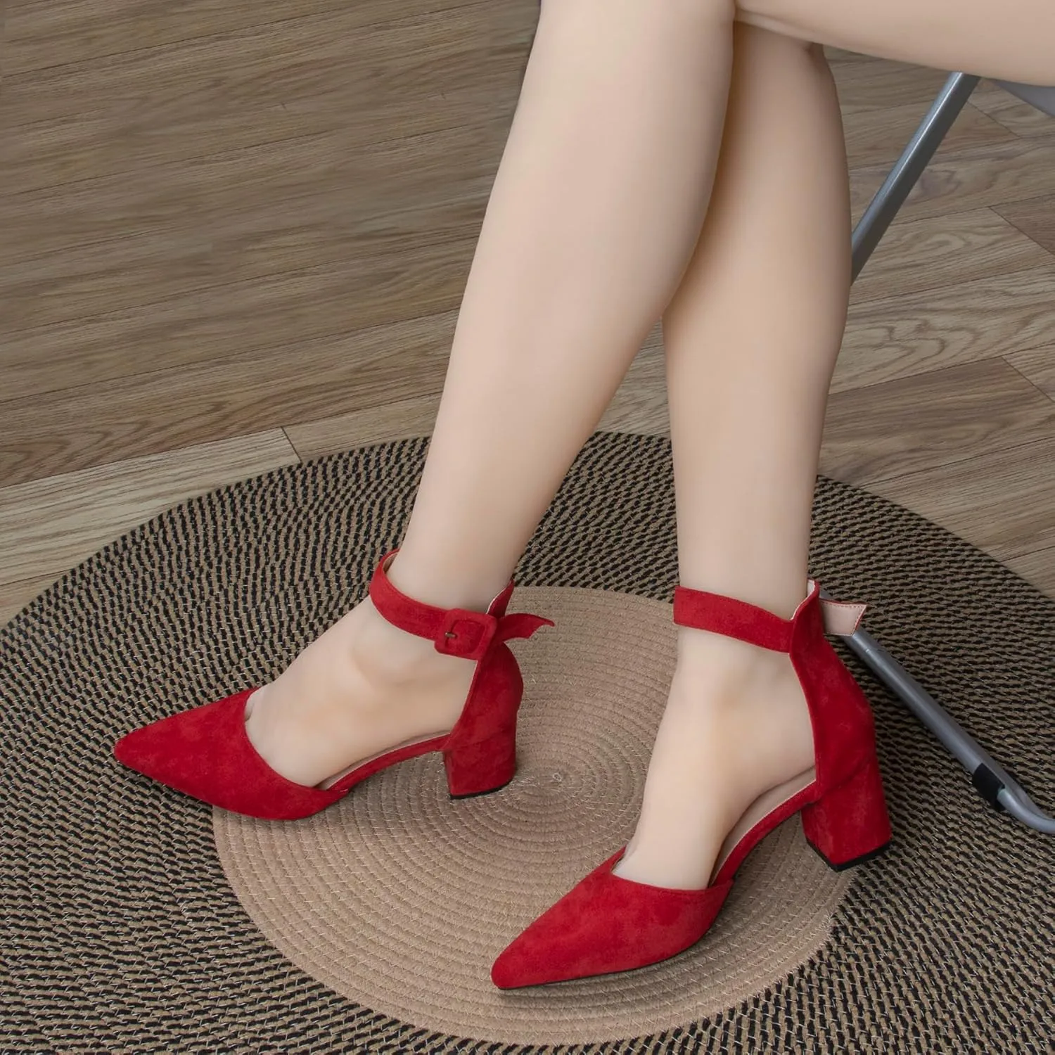 Womens Closed Pointed Toe Low Block Sandal Heels Ankle Strap Chunky Heeled Pumps for Women Party Wedding Dressy Comfortable Leather Suede Sandals Shoes 2.36 Inch