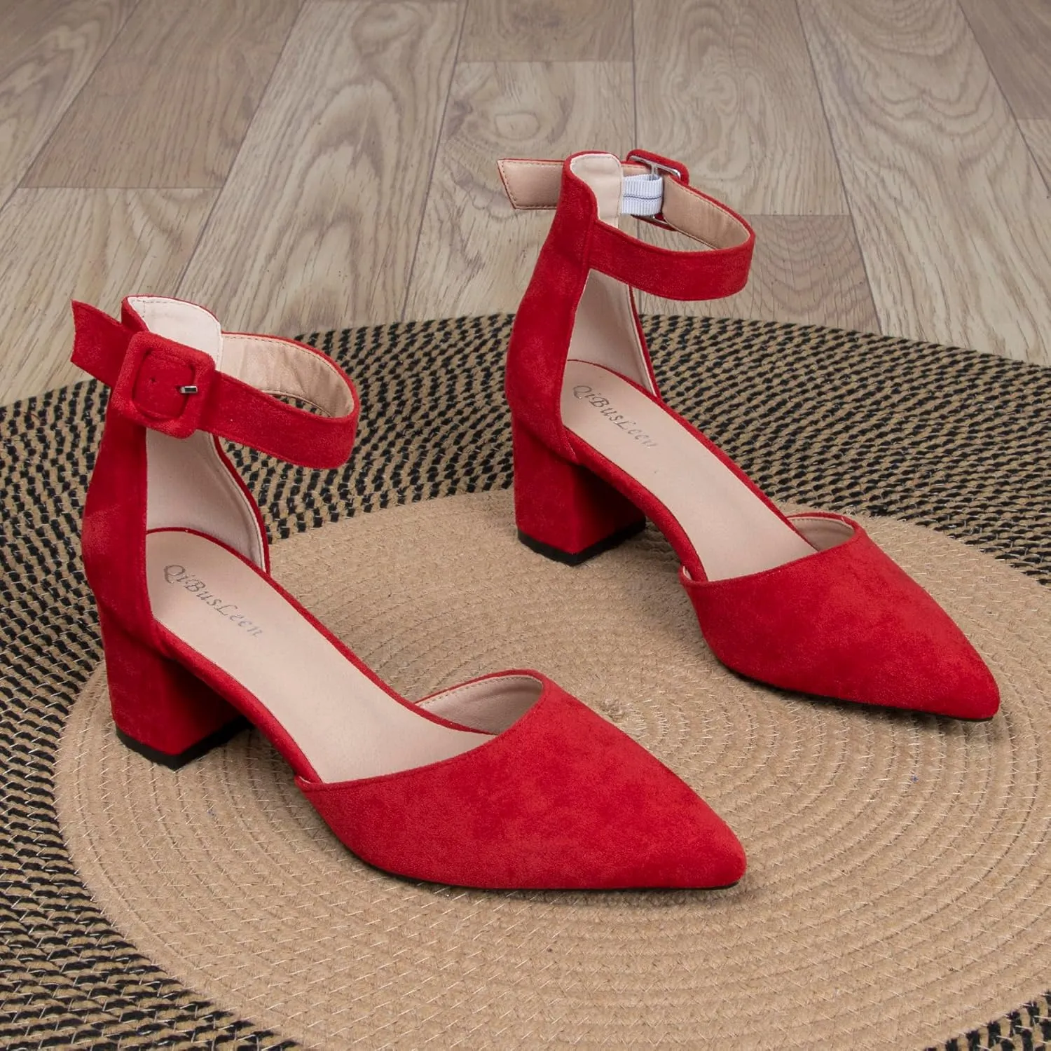 Womens Closed Pointed Toe Low Block Sandal Heels Ankle Strap Chunky Heeled Pumps for Women Party Wedding Dressy Comfortable Leather Suede Sandals Shoes 2.36 Inch