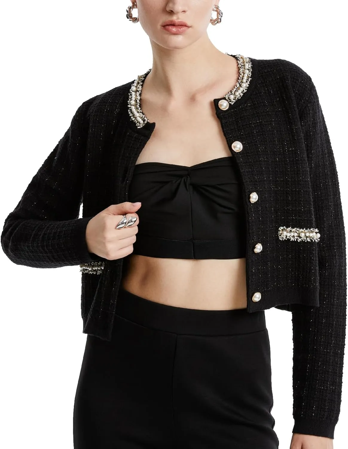 Womens Cropped Cardigan Sweaters Open Front Casual Long Sleeve Knit Pearl Button Down Crew Neck Jacket 2025