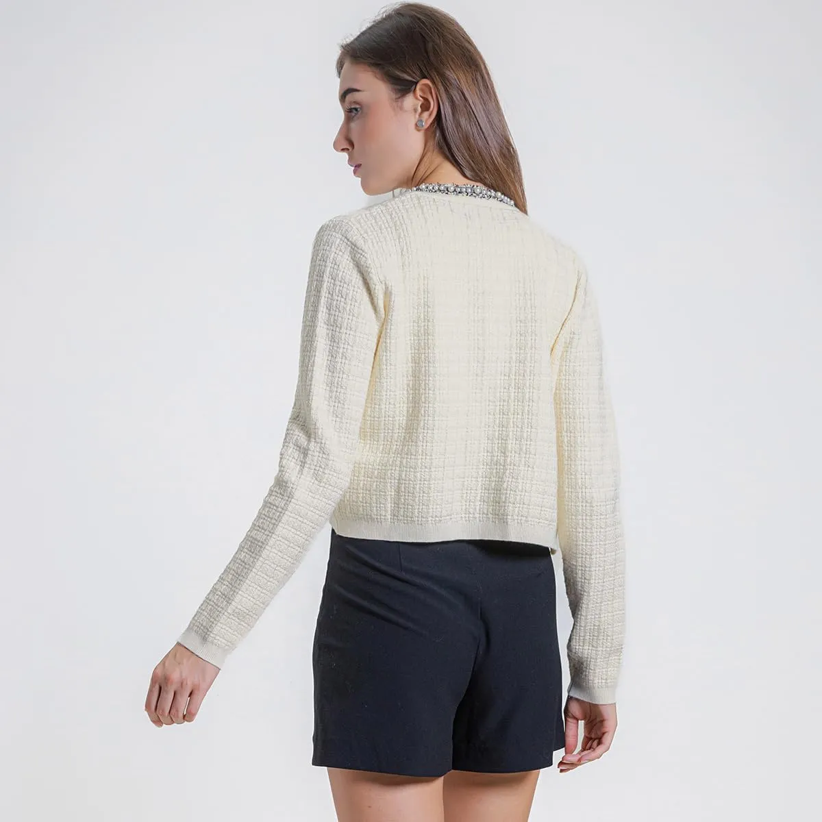 Womens Cropped Cardigan Sweaters Open Front Casual Long Sleeve Knit Pearl Button Down Crew Neck Jacket 2025