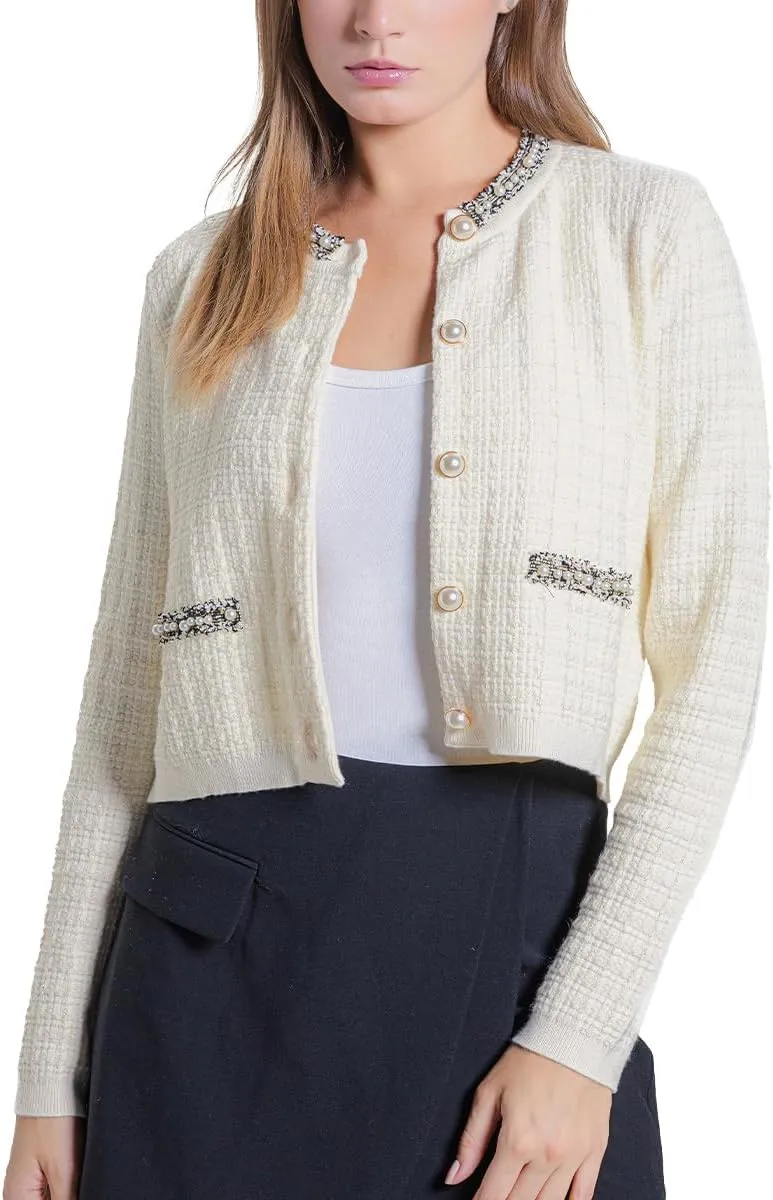 Womens Cropped Cardigan Sweaters Open Front Casual Long Sleeve Knit Pearl Button Down Crew Neck Jacket 2025