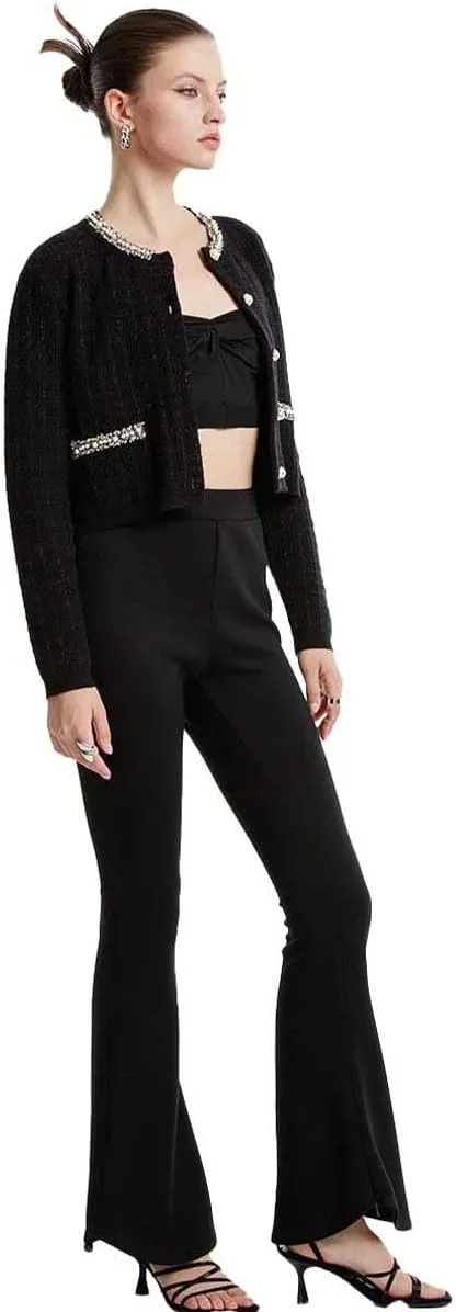 Womens Cropped Cardigan Sweaters Open Front Casual Long Sleeve Knit Pearl Button Down Crew Neck Jacket 2025
