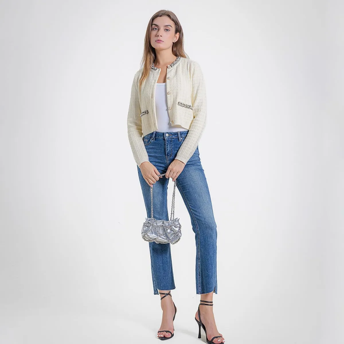 Womens Cropped Cardigan Sweaters Open Front Casual Long Sleeve Knit Pearl Button Down Crew Neck Jacket 2025