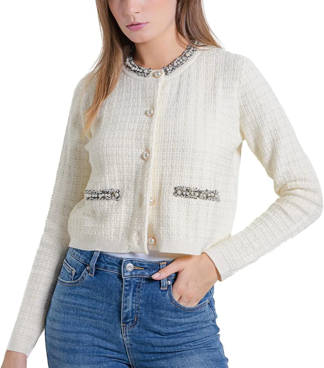 Womens Cropped Cardigan Sweaters Open Front Casual Long Sleeve Knit Pearl Button Down Crew Neck Jacket 2025