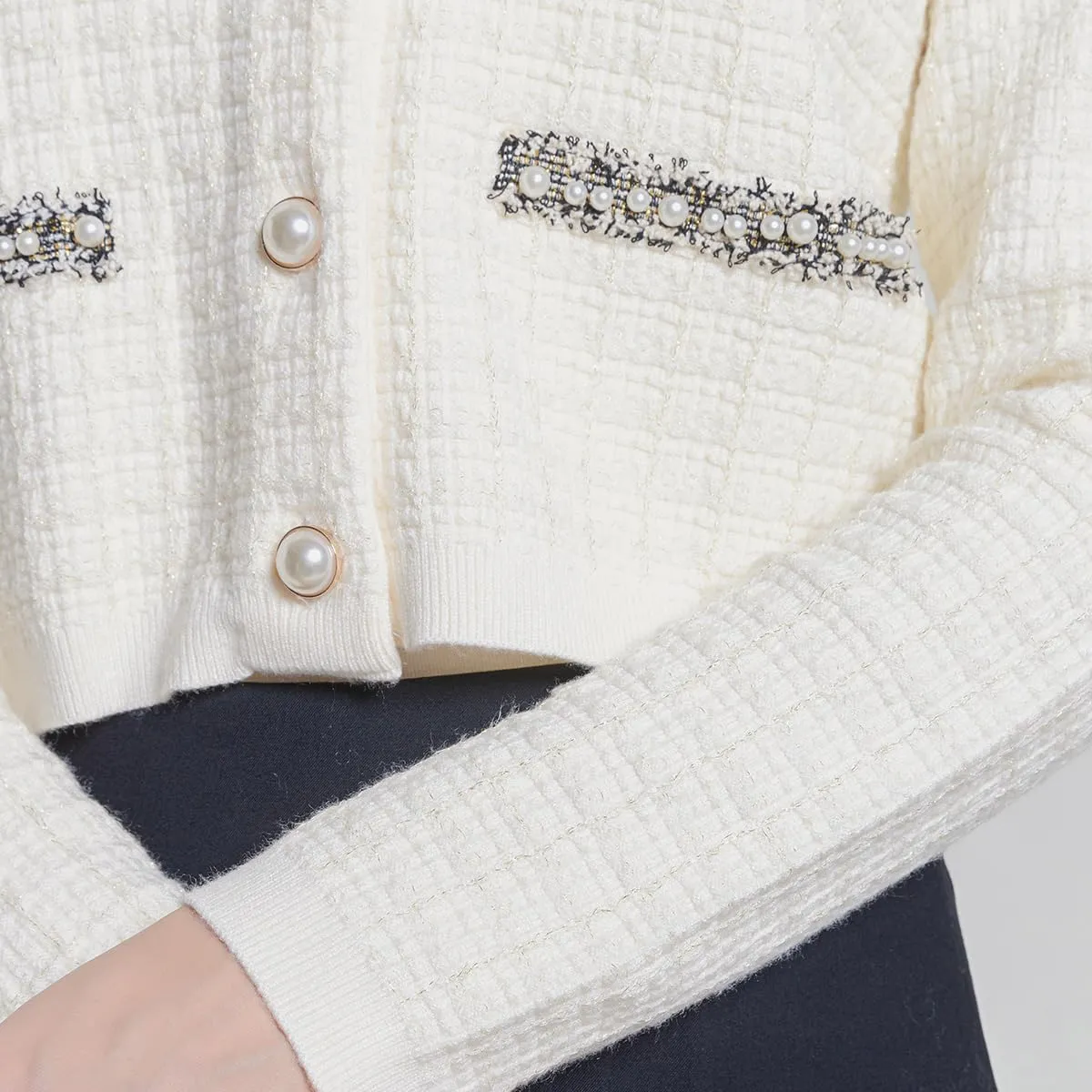 Womens Cropped Cardigan Sweaters Open Front Casual Long Sleeve Knit Pearl Button Down Crew Neck Jacket 2025