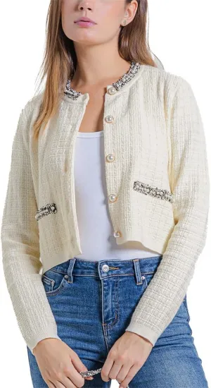 Womens Cropped Cardigan Sweaters Open Front Casual Long Sleeve Knit Pearl Button Down Crew Neck Jacket 2025