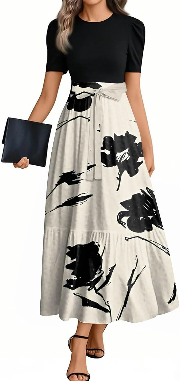 Women's Elegant Floral Maxi Dress Short Sleeve High Waist Casual Summer Long Dresses with Pockets