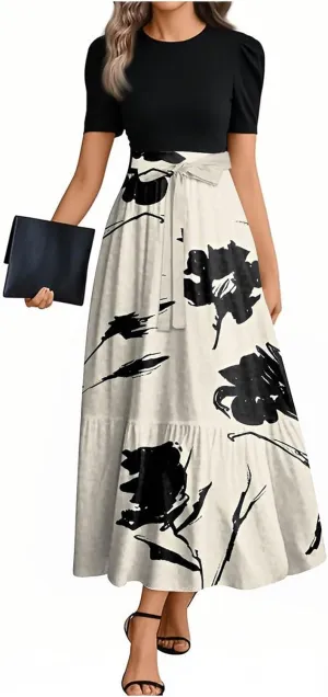 Women's Elegant Floral Maxi Dress Short Sleeve High Waist Casual Summer Long Dresses with Pockets