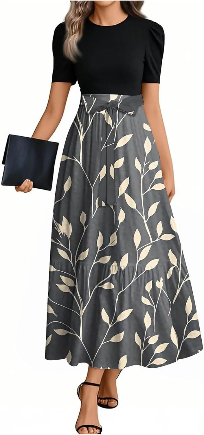 Women's Elegant Floral Maxi Dress Short Sleeve High Waist Casual Summer Long Dresses with Pockets