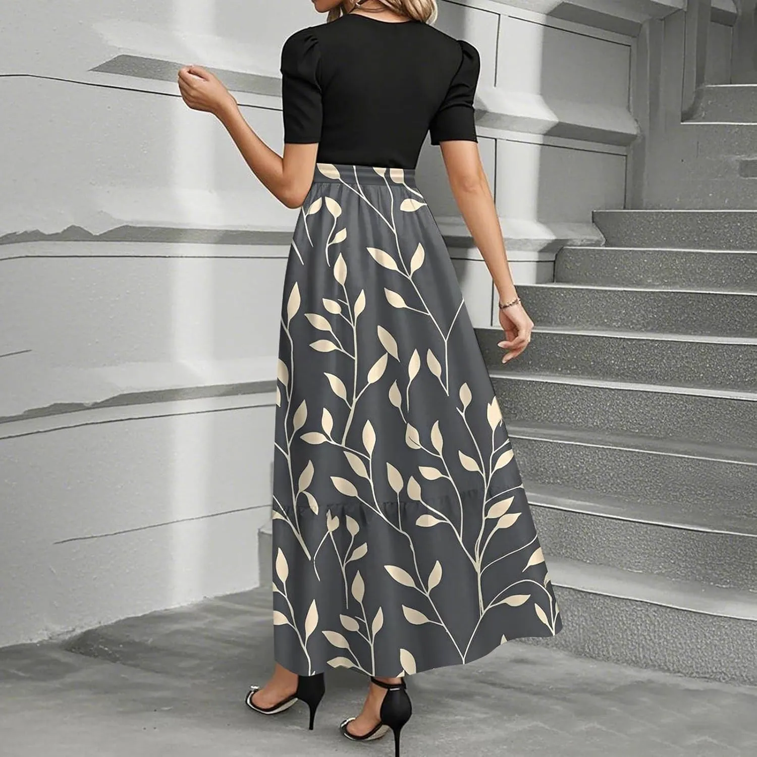 Women's Elegant Floral Maxi Dress Short Sleeve High Waist Casual Summer Long Dresses with Pockets