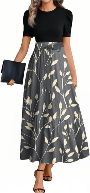 Women's Elegant Floral Maxi Dress Short Sleeve High Waist Casual Summer Long Dresses with Pockets
