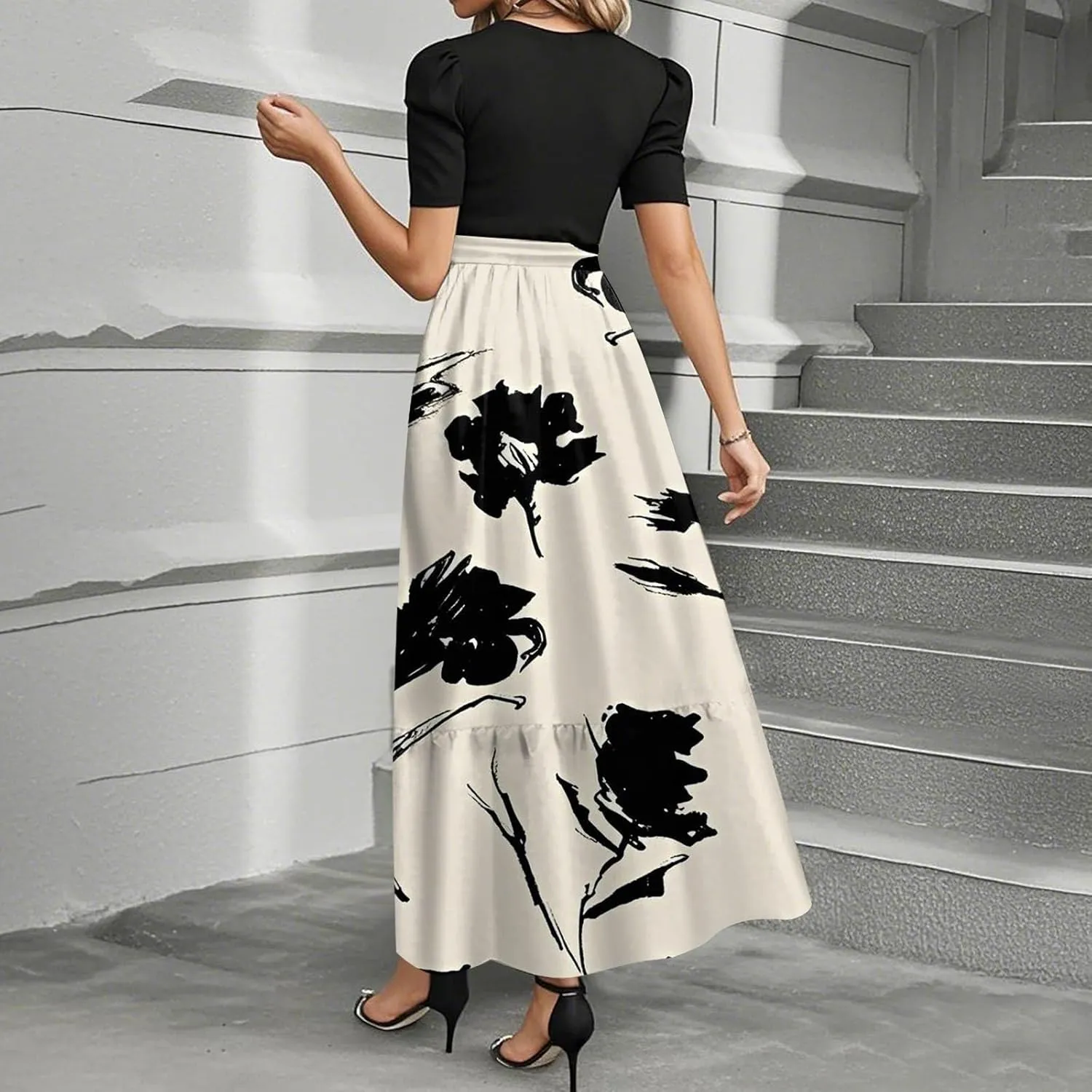 Women's Elegant Floral Maxi Dress Short Sleeve High Waist Casual Summer Long Dresses with Pockets