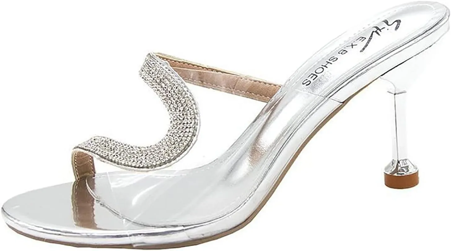 Women's Heeled Sandals Transparent Stiletto Mules Open Toe Slip on Dress Rhinestones Comfortable Slides Platform Sandal Fish Mouth Slippers High Sexy Block Heels Wedding Shoes for Party Daily Wear