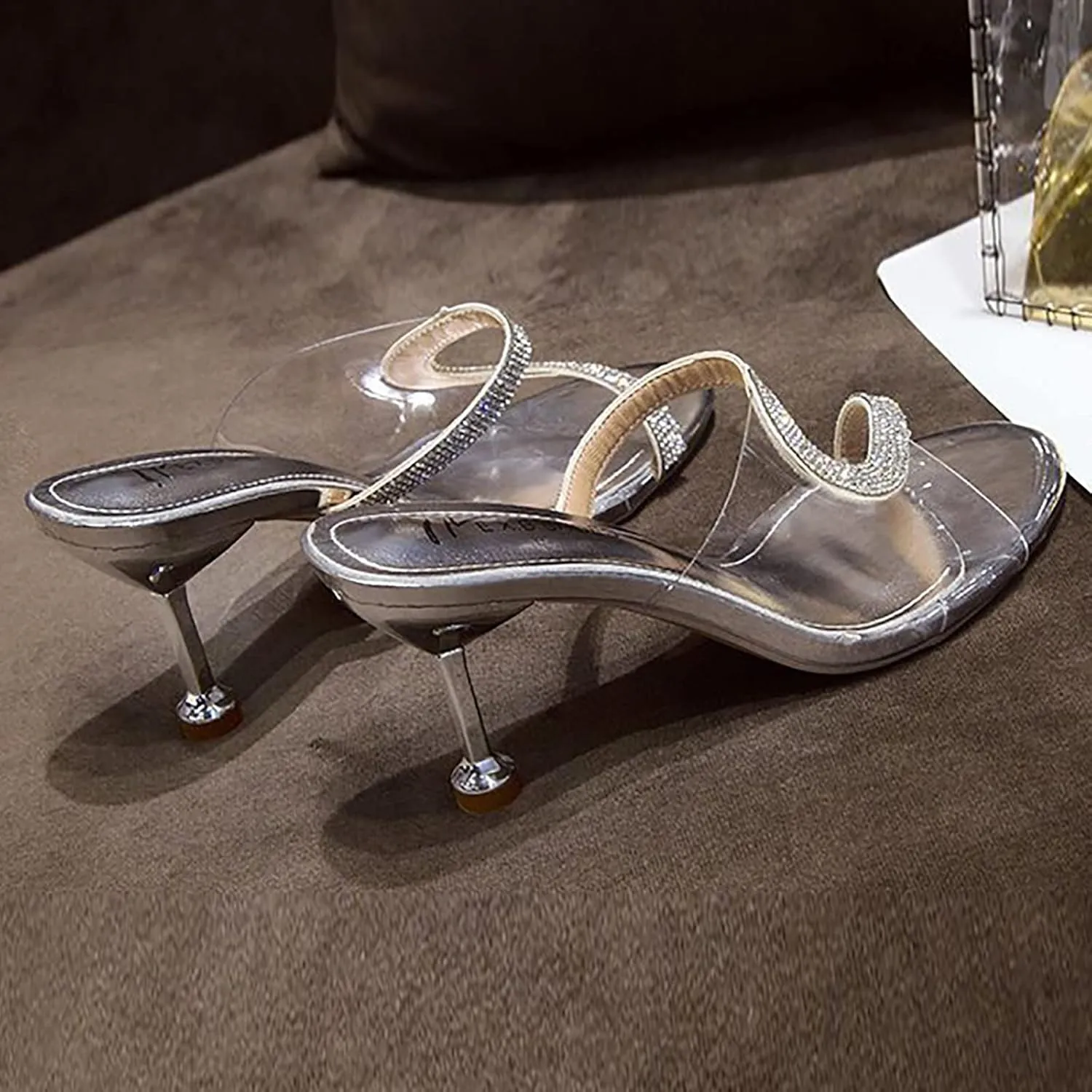 Women's Heeled Sandals Transparent Stiletto Mules Open Toe Slip on Dress Rhinestones Comfortable Slides Platform Sandal Fish Mouth Slippers High Sexy Block Heels Wedding Shoes for Party Daily Wear