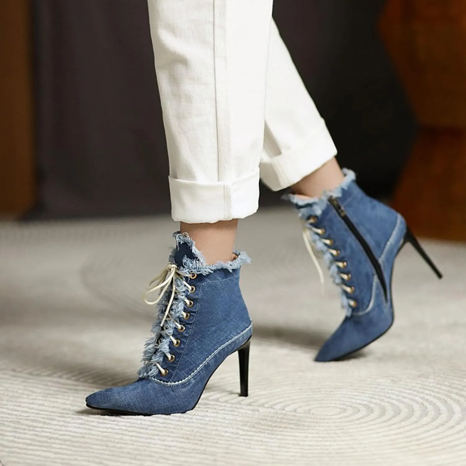 Women's High-Heeled Ankle Boots with Pointed Toe and Stiletto Heels Front Lace-up Denim Raw Edges Matched with Jeans Dress Heel Height 12CM