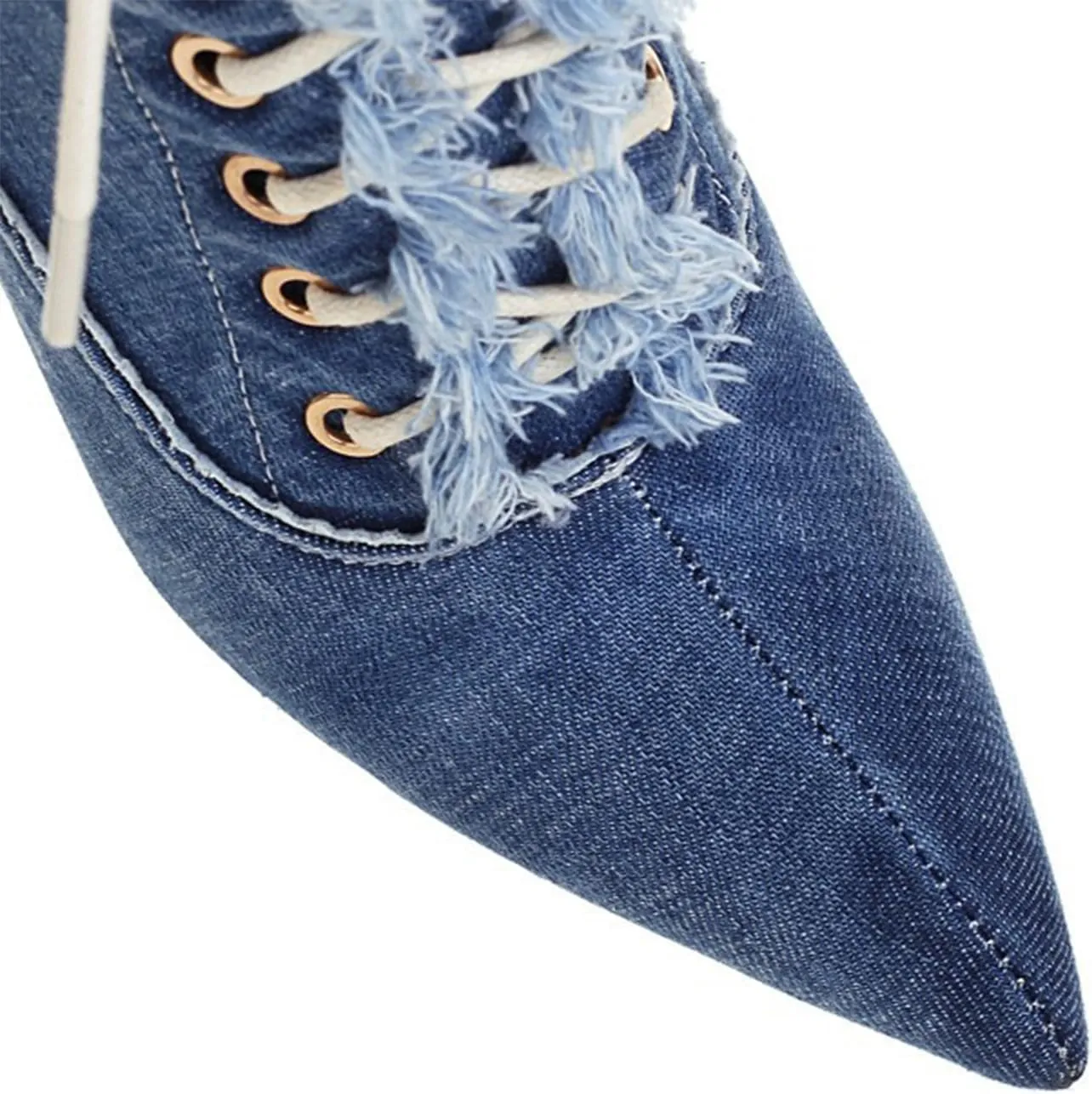 Women's High-Heeled Ankle Boots with Pointed Toe and Stiletto Heels Front Lace-up Denim Raw Edges Matched with Jeans Dress Heel Height 12CM