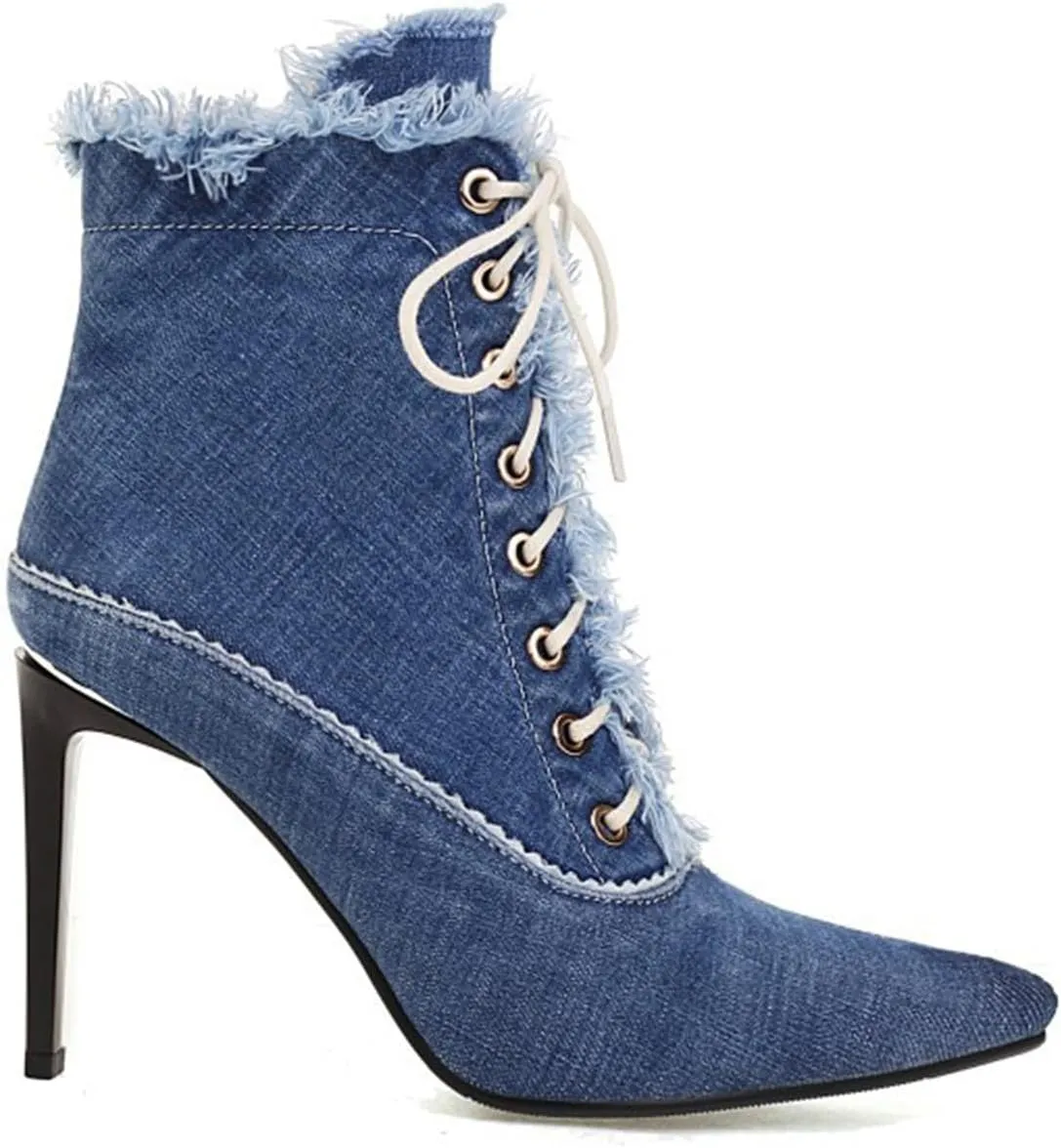 Women's High-Heeled Ankle Boots with Pointed Toe and Stiletto Heels Front Lace-up Denim Raw Edges Matched with Jeans Dress Heel Height 12CM