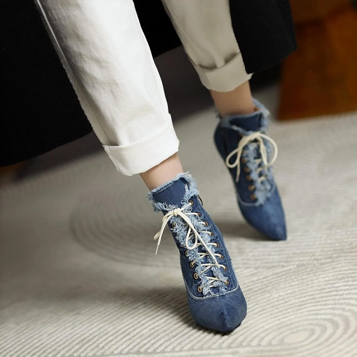 Women's High-Heeled Ankle Boots with Pointed Toe and Stiletto Heels Front Lace-up Denim Raw Edges Matched with Jeans Dress Heel Height 12CM