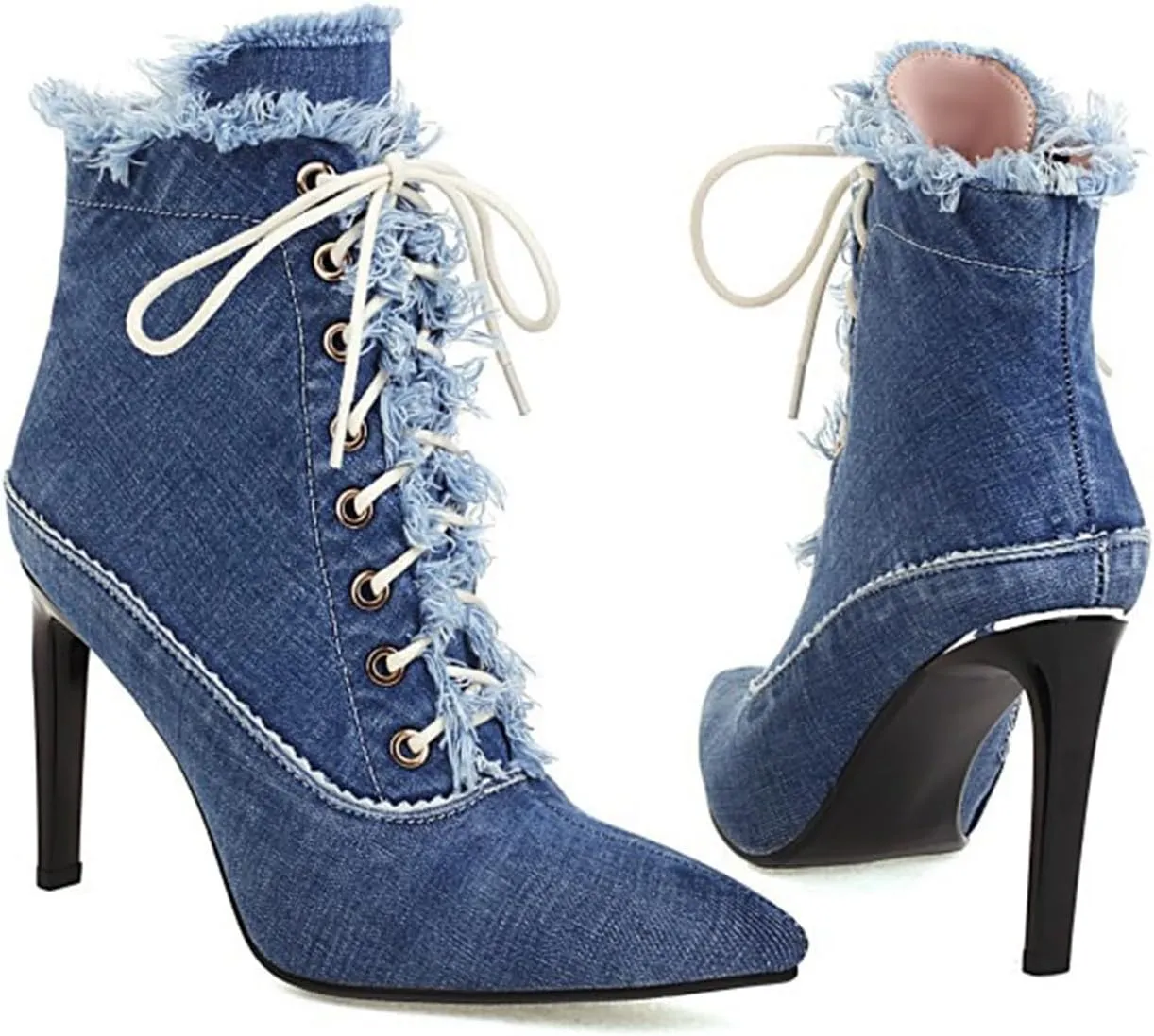 Women's High-Heeled Ankle Boots with Pointed Toe and Stiletto Heels Front Lace-up Denim Raw Edges Matched with Jeans Dress Heel Height 12CM