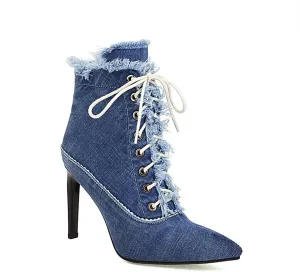 Women's High-Heeled Ankle Boots with Pointed Toe and Stiletto Heels Front Lace-up Denim Raw Edges Matched with Jeans Dress Heel Height 12CM