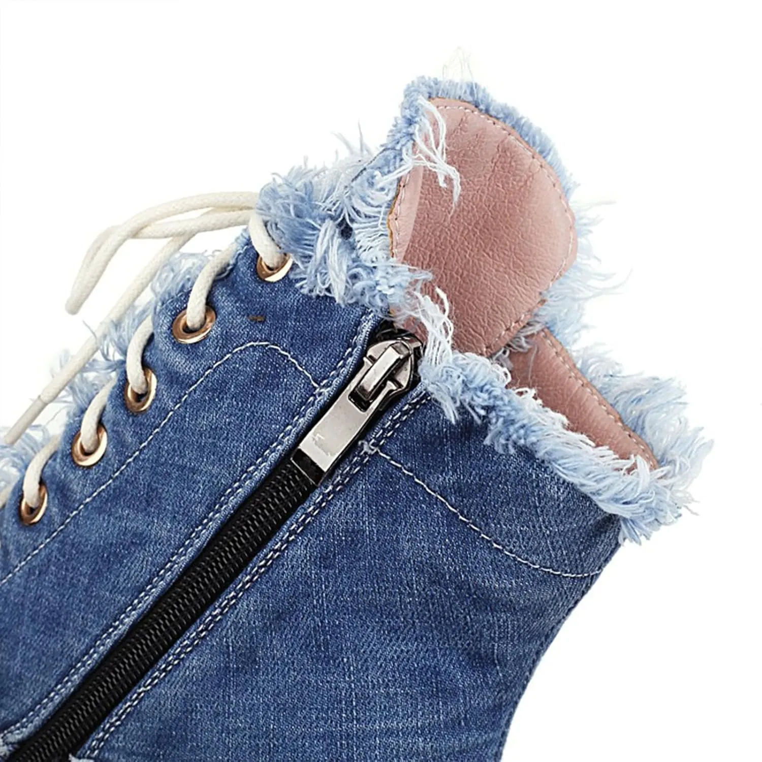 Women's High-Heeled Ankle Boots with Pointed Toe and Stiletto Heels Front Lace-up Denim Raw Edges Matched with Jeans Dress Heel Height 12CM