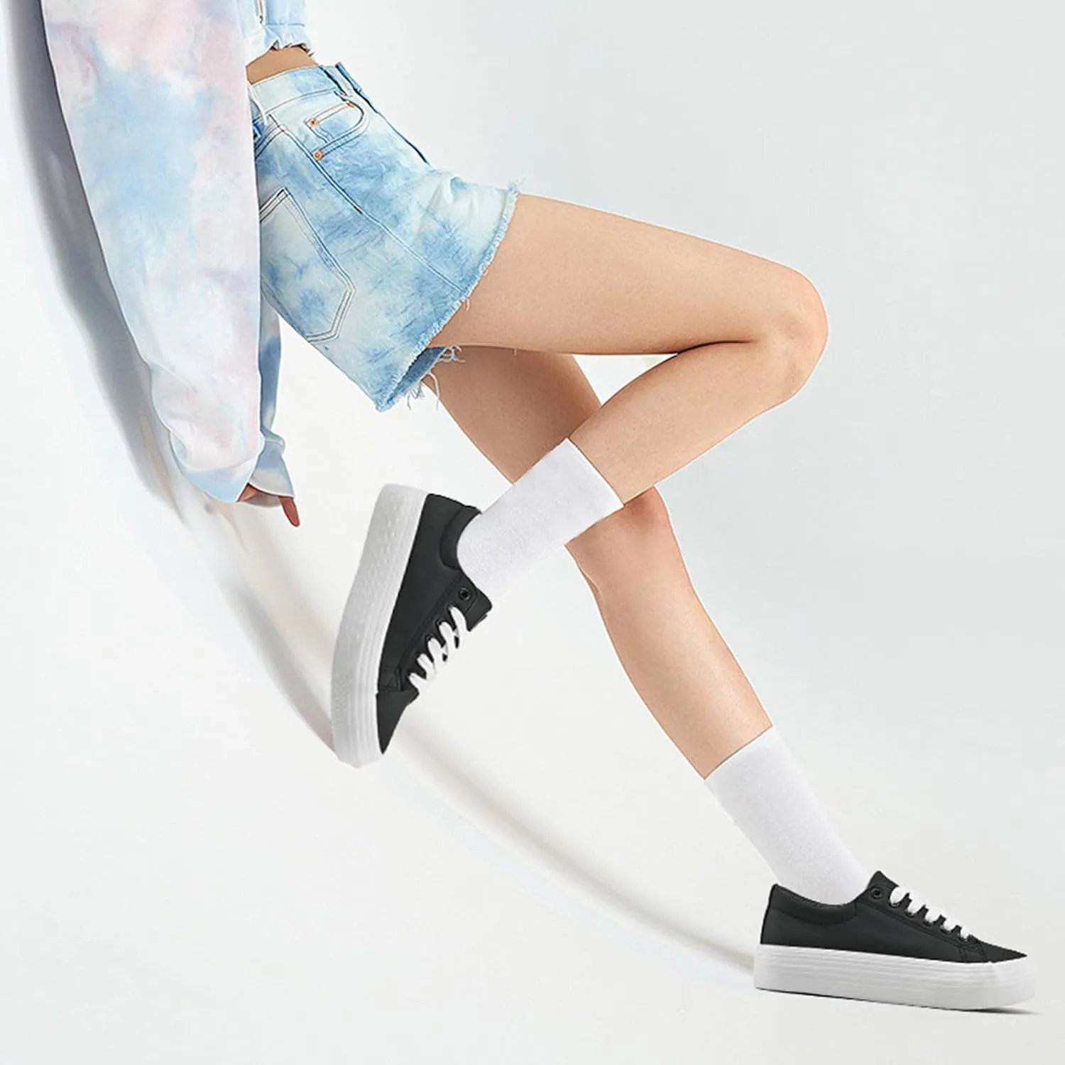Women's High Platform Fashion Sneakers, White, Breathable, Lace Up, Tennis Shoes, Comfortable, Casual