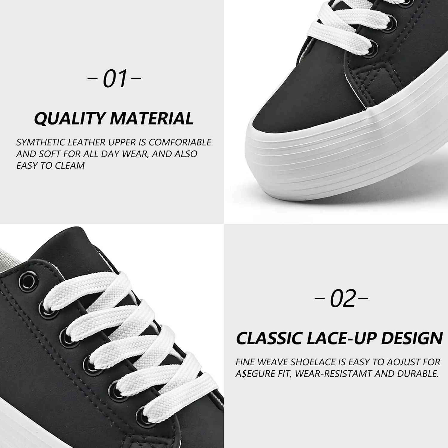 Women's High Platform Fashion Sneakers, White, Breathable, Lace Up, Tennis Shoes, Comfortable, Casual