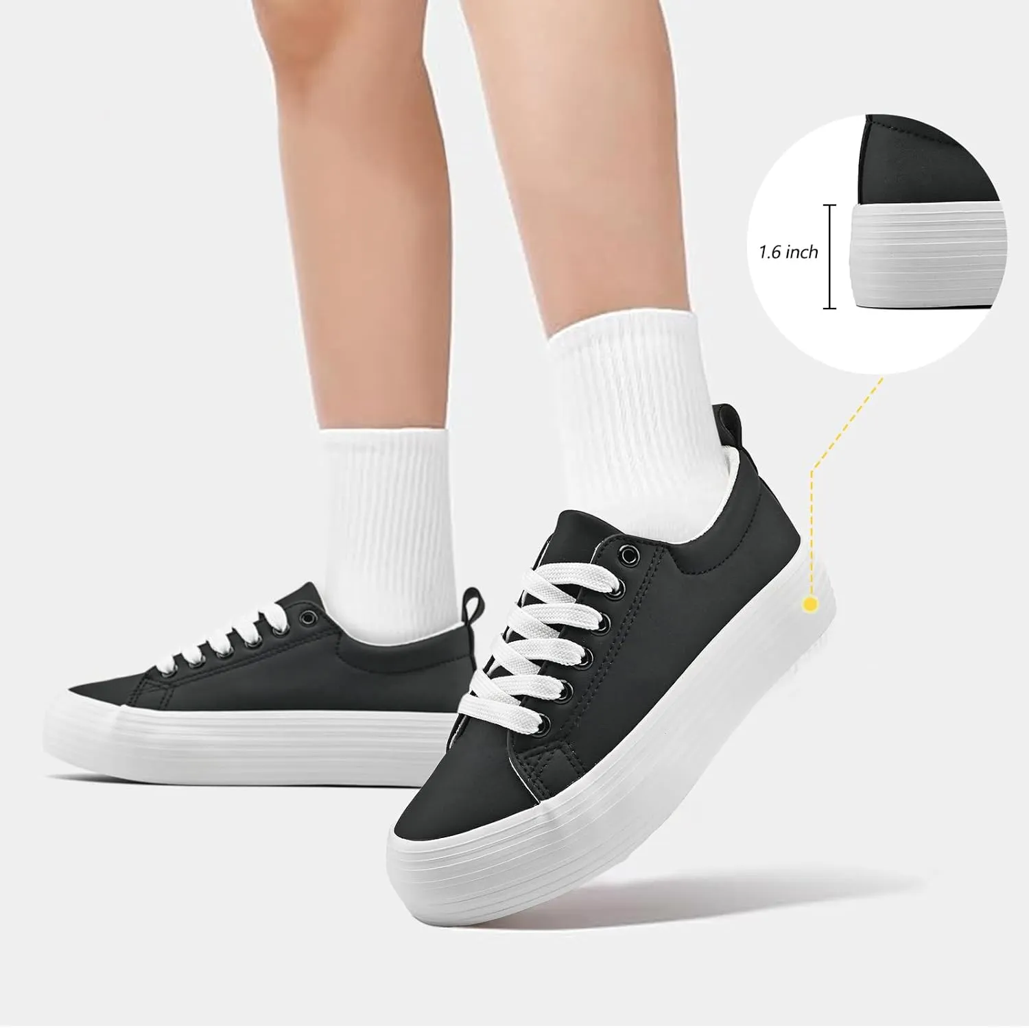 Women's High Platform Fashion Sneakers, White, Breathable, Lace Up, Tennis Shoes, Comfortable, Casual