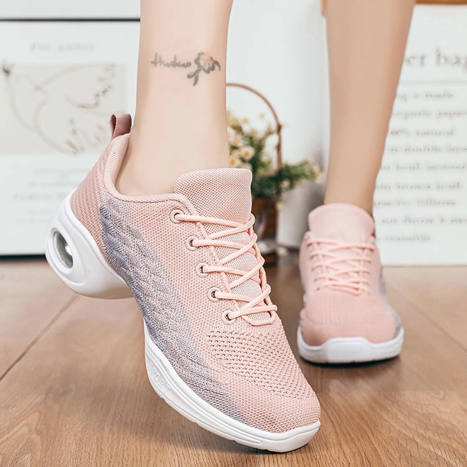 Womens Jazz Sneakers Lace-up Walking Shoes Split Sole Dance Shoes with Air Cushion Breathable Mesh Platform Shoes